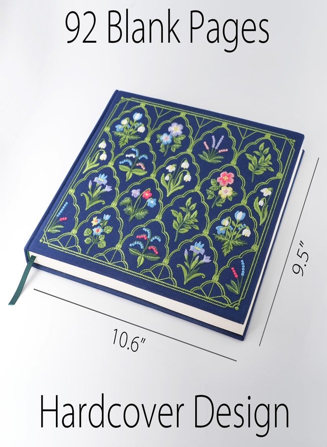 diodrio Luxury Embroidered Sketchbook for women 180gsm Premium Heavy Paper, 92 Blank Pages, Keepsake Sketch Book with Floral Embroidery, 10.6" L x 9.5" W, Grosgrain Ribbon Bookmark, Lapis Blue, Size L - Image 2