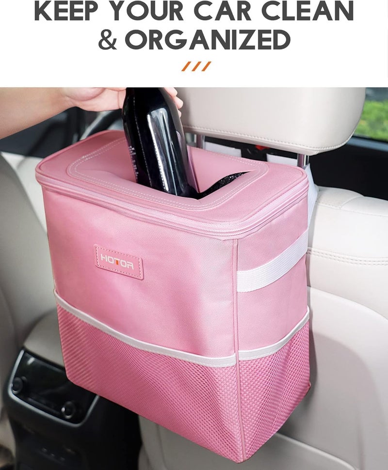 HOTOR Car Trash Can with Lid and Storage Pockets - 100% Leak-Proof Organizer, Waterproof Garbage Can, Multipurpose Trash Bin for Car, 2 Gallons, Pink - Image 2