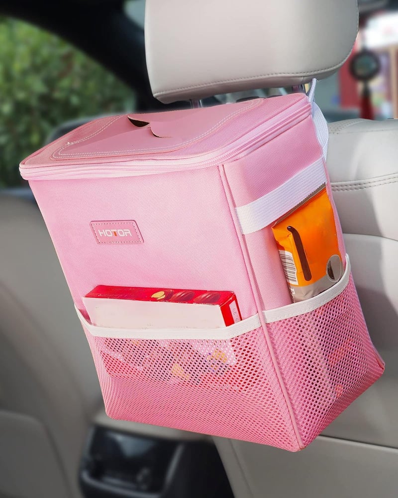 HOTOR Car Trash Can with Lid and Storage Pockets - 100% Leak-Proof Organizer, Waterproof Garbage Can, Multipurpose Trash Bin for Car, 2 Gallons, Pink - Image 1