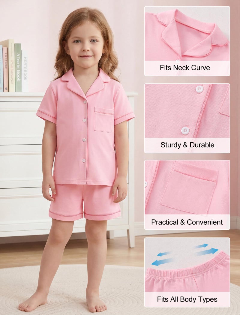 Mikrdoo Girls Pajamas Cotton Summer Button Down Short Sleeve and Short Pjs Set Cute Soft Pink Homewear for Little Kids Size 5T - Image 5