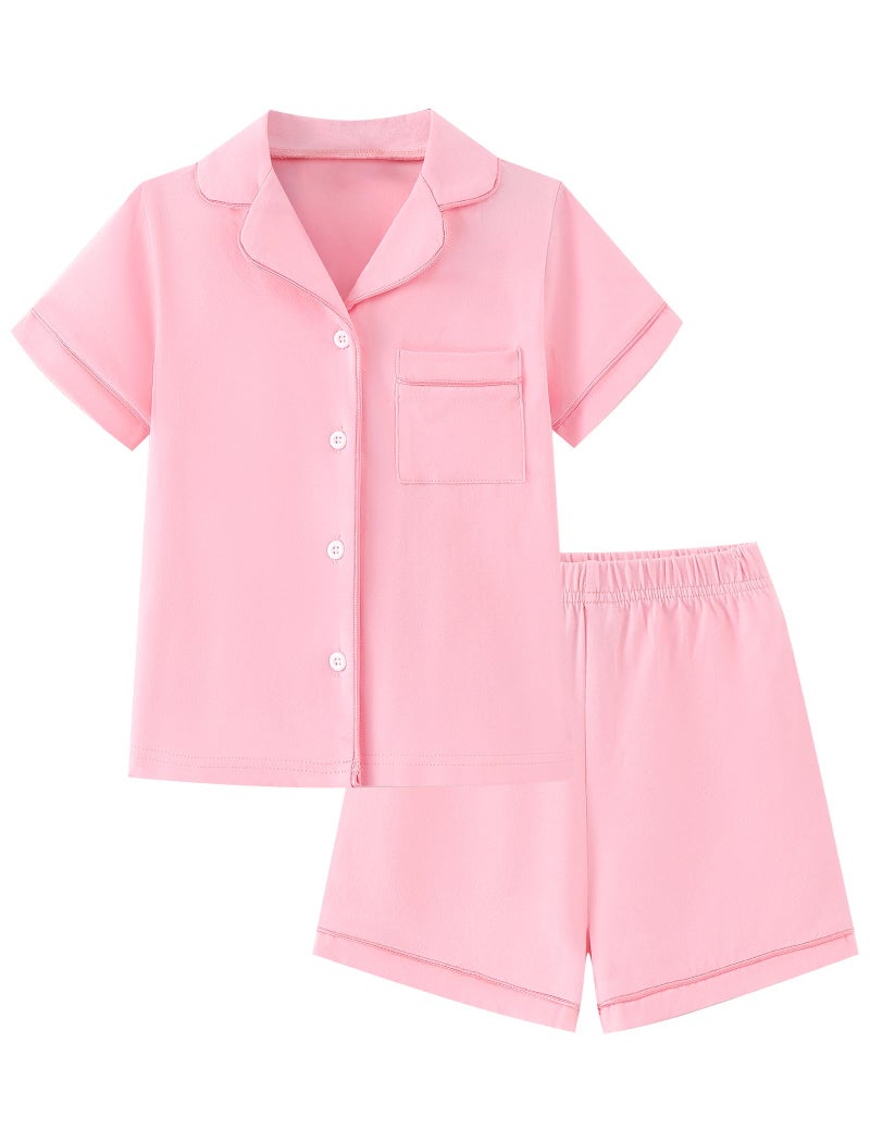 Mikrdoo Girls Pajamas Cotton Summer Button Down Short Sleeve and Short Pjs Set Cute Soft Pink Homewear for Little Kids Size 5T - Image 1