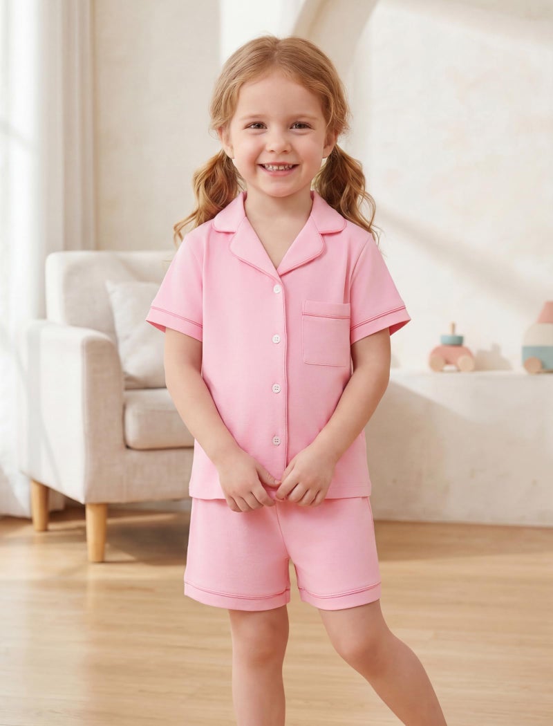 Mikrdoo Girls Pajamas Cotton Summer Button Down Short Sleeve and Short Pjs Set Cute Soft Pink Homewear for Little Kids Size 5T - Image 3