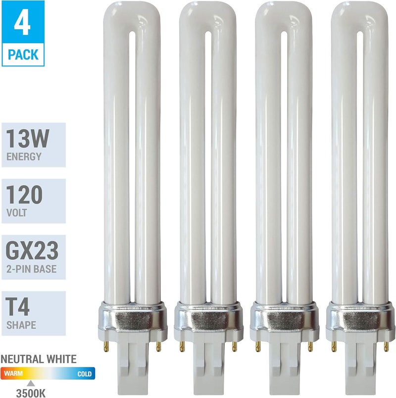 KOR Pack of 4 13Watt Single Tube 2 Pin GX23 see photos Base  3500K Neutral White 35K CFL Light Bulb  Replacement for Sylvania 2033521137 CF13DS835 Philips 146845 PLS 13W835 GE 97569F13BX835 - Image 2