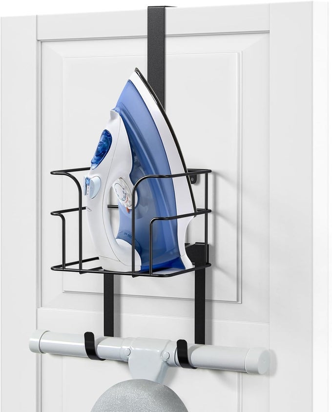 OVER THE DOORWALL MOUNT IRONING BOARD HANGER LAUNDRY ROOM IRON AND IRONING BOARD CADDY STORAGE HOLDER BLACK BLACK