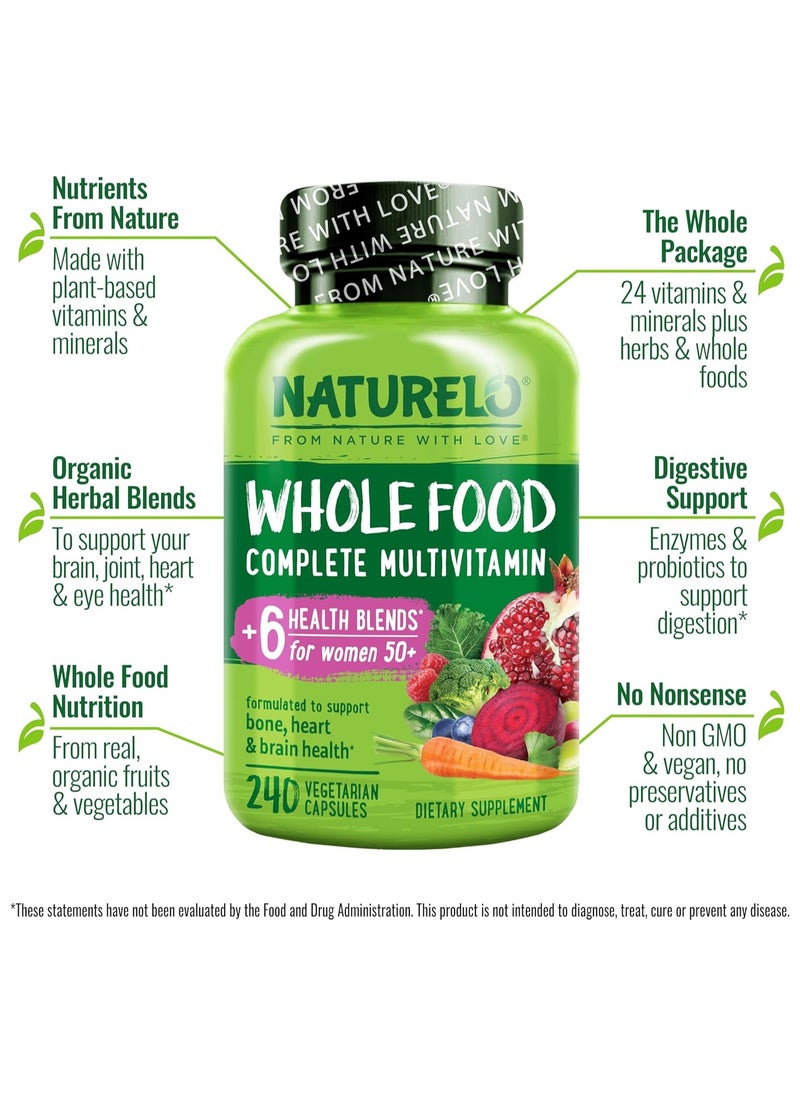 NATURELO Whole Food Complete Multivitamin +6 Health Blends for Women 50+ - Dietary Supplement Formulated to Support Bone, Heart & Brain Health - 240 Vegan Capsules  - Image 4