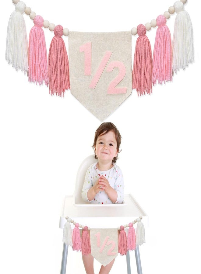 Dokuna Half Birthday Decorations- Dokuna Girls Half Way to One Decorations, 6 Month 1/2 Birthday Tassel High Chair Banner (Pink) - Image 1