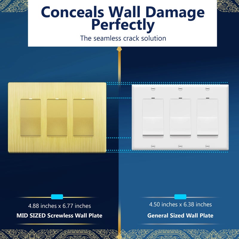 LIDER Brushed Finish Decorator Switch Cover, Screwless Wall Plate, Mid-Size 3-Gang 4.88" x 6.77", Unbreakable Polycarbonate Thermoplastic, UL Listed, LSWP-33M-BGD, Brushed Gold - Image 4