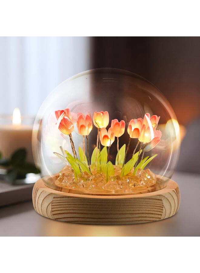 Tulip Night Light Glass Flower,Night Light Lamp for Bedroom Lamp with Wooden Base for Home Decor Unique Romantic Gifts for Girlfriend Wife - Image 1