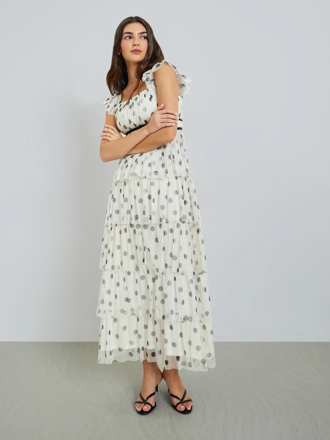 Styli white Styli Off White Polka Dot Layered Maxi Dress for Women | Best Price UAE