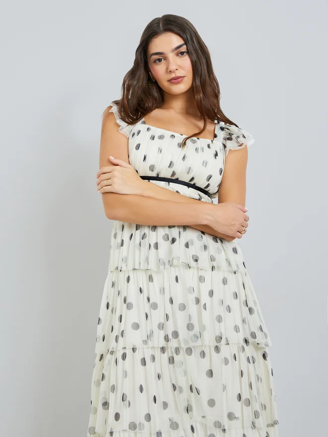 Styli white Styli Off White Polka Dot Layered Maxi Dress for Women | Best Price UAE