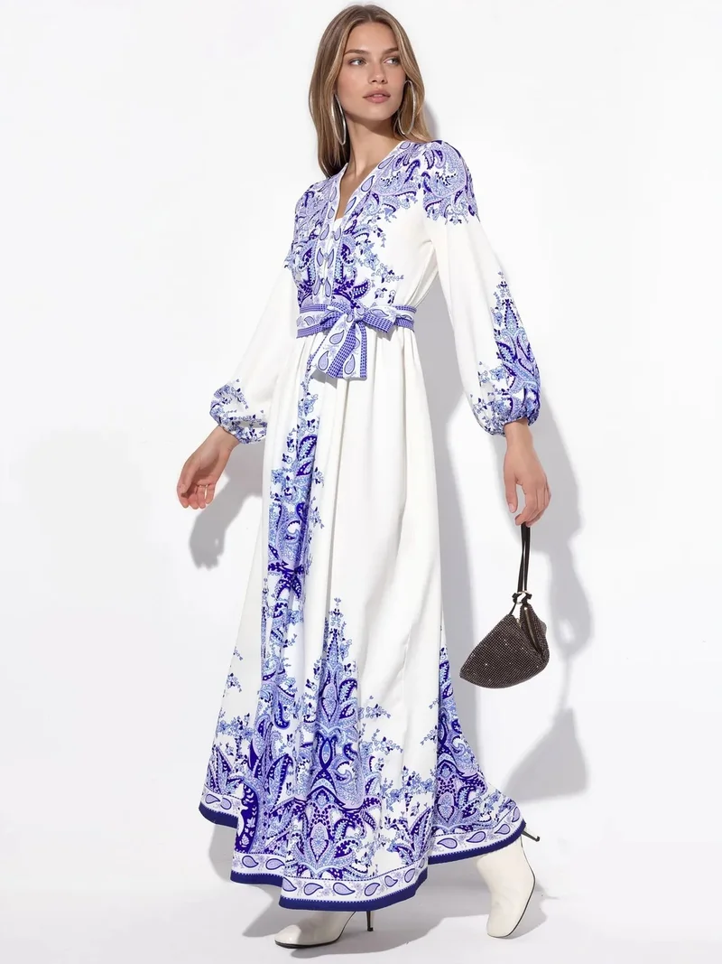 جينيفر Paisley A-line Maxi Dress With Tie Belt