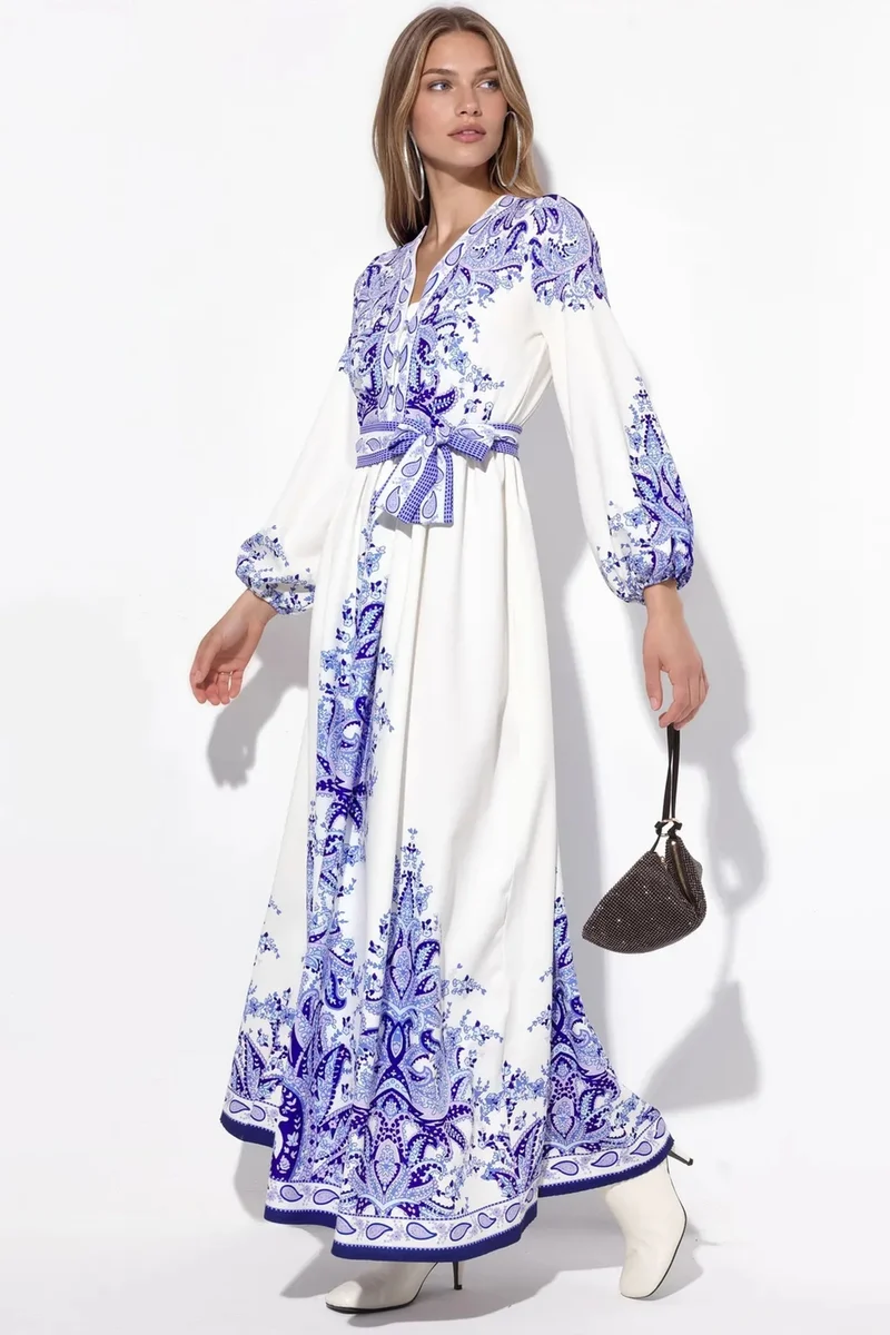جينيفر Paisley A-line Maxi Dress With Tie Belt