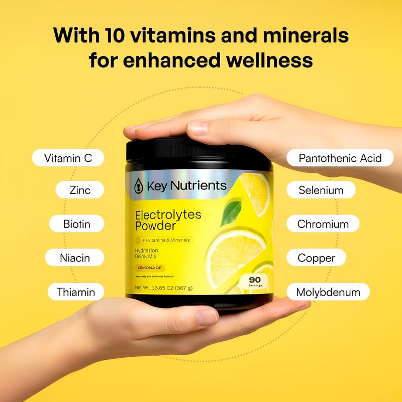 KEY NUTRIENTS مسحوق إلكتروليتات وفيتامينات متعددة من KEY NUTRIENTS - خالٍ من السكر - نكهة الليمون المنعشة - مكمل للصوديوم والطاقة - مسحوق للترطيب - خالٍ من السعرات الحرارية - 90 حصة - صُنع في الولايات المتحدة الأمريكية - Image 4