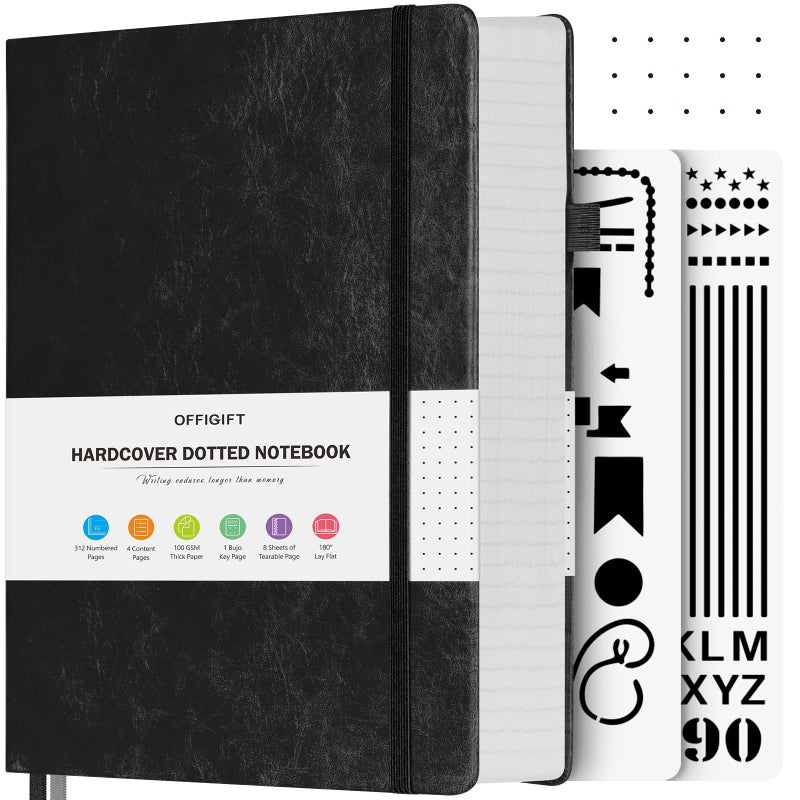OFFIGIFT Bullet Dotted Journal Notebook, 312 Numbered Pages A5 Hardcover Leather Journal, 100gsm No Bleed Paper Dot Grid Notebook with Index Pages, Dot Journal for Women Men, 5.75" x 8.38", Black - Image 1