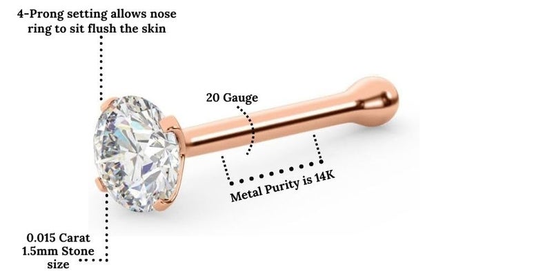 EternalDia IGI Certified Real Diamond Nose Stud With Ball Barbell 14K Gold Nose Stud in 20 Gauge/Diamond Nose Ring Bone Barbell For Women/Diamond Color I J Diamond Clarity I2 I3 - Image 3