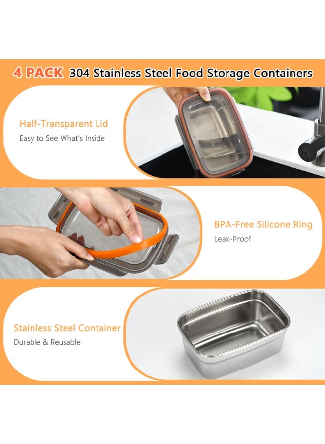Bukela 4 Pack Food Storage Containers with Lids, Stainless Steel Fridge Storage Containers Airtight Leak-Proof Metal Storage Containers for Food Leftover Storage at Home or Trip (500ml, 1100ml, 1900ml, 3500ml) - Image 2