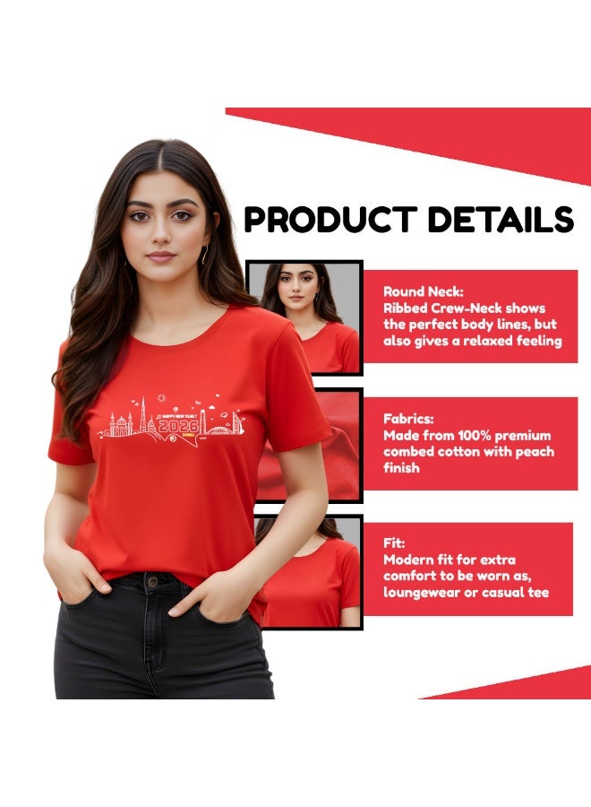Happy New Year Dubai Women's T-Shirt-Women's Round Neck T-Shirt With Happy New Year And Dubai Design-Gift For Family And Friends - Image 4