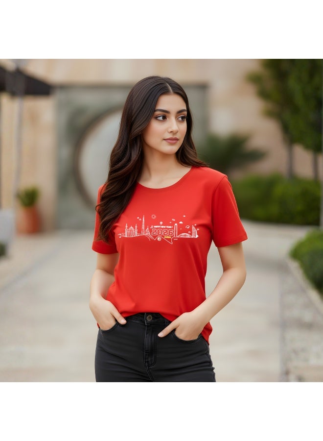 Happy New Year Dubai Women's T-Shirt-Women's Round Neck T-Shirt With Happy New Year And Dubai Design-Gift For Family And Friends - Image 3