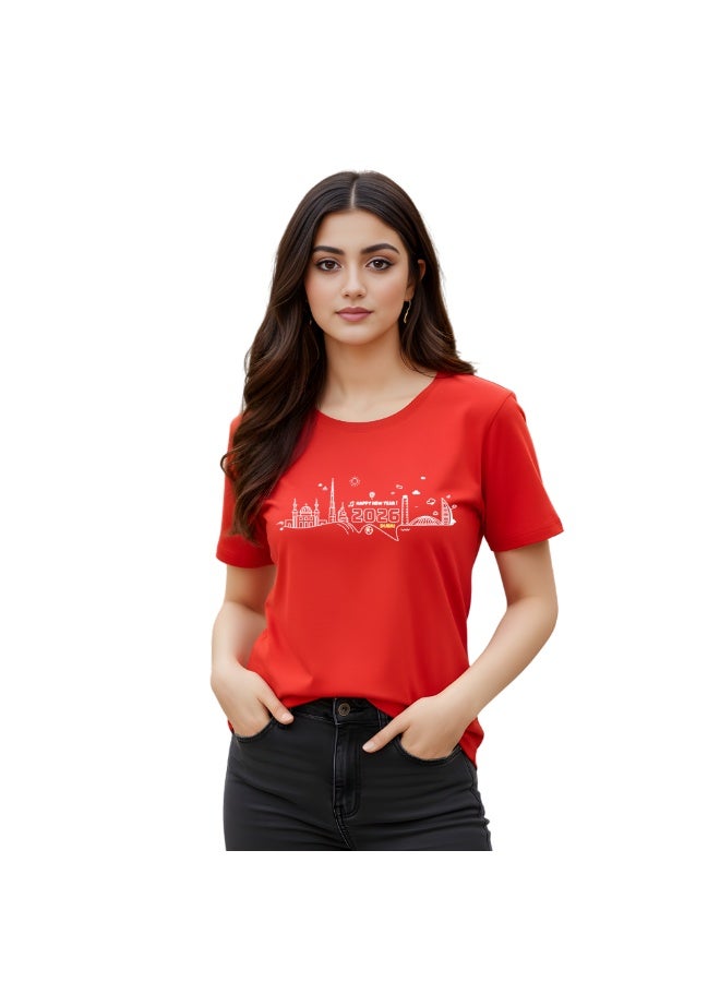 Happy New Year Dubai Women's T-Shirt-Women's Round Neck T-Shirt With Happy New Year And Dubai Design-Gift For Family And Friends - Image 1