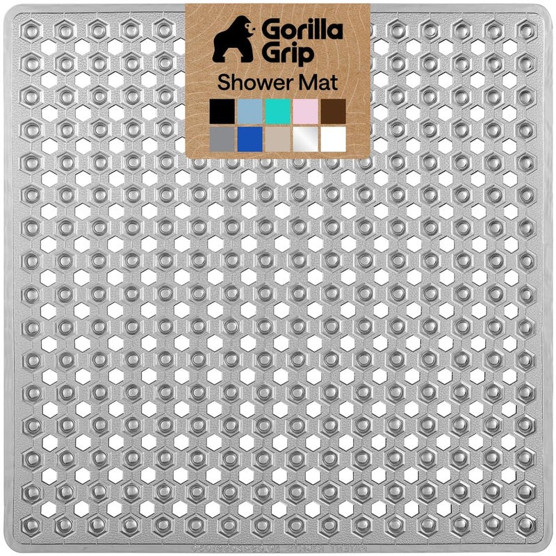 GORILLA GRIP Patented Square Shower Stall Mat, Small Bathtub Floor Mats for Stand Up Showers with Suction Cups and Drainage Holes, Machine Washable, Soft on Feet, Bathroom Accessories 21x21 Inch, Gray - Image 1