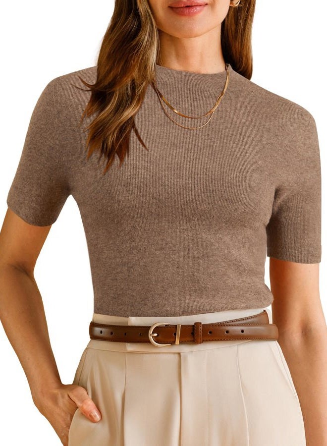 Arach&Cloz Women's Wool Blend Summer Fall Seamless Rip Resistant Tops Opaque Shirts, Coffee, M - Image 1