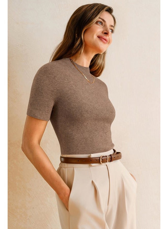 Arach&Cloz Women's Wool Blend Summer Fall Seamless Rip Resistant Tops Opaque Shirts, Coffee, M - Image 3