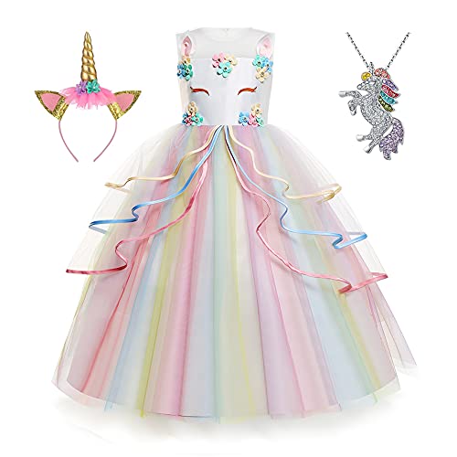 Yipkorra Unicorn Dress for Girls Unicorn Costume Pageant Princess Party Birthday Long Gown with Headband & Necklace (Multicolor, 150 7-8 Years) - Image 1