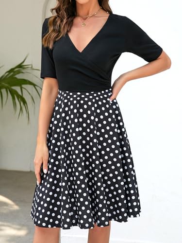 oxiuly Women's Chic Criss-Cross V-Neck Half Sleeve Polka Dot Cotton Stretchy Casual Swing Midi Summer Dress OX233 (XL, BK-dot 5) - Image 2