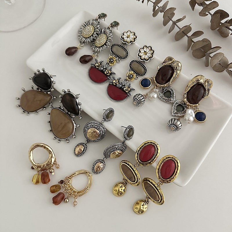 SHIXIN European and American Cross-Border Jewelry: Bold Personality with Gemstone-Inlaid Heart Pendant Earrings, Ethnic Floral Resin Hoop Earrings - Image 4