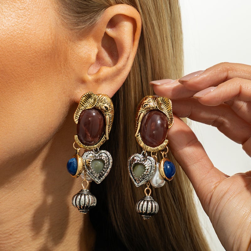 SHIXIN European and American Cross-Border Jewelry: Bold Personality with Gemstone-Inlaid Heart Pendant Earrings, Ethnic Floral Resin Hoop Earrings - Image 3