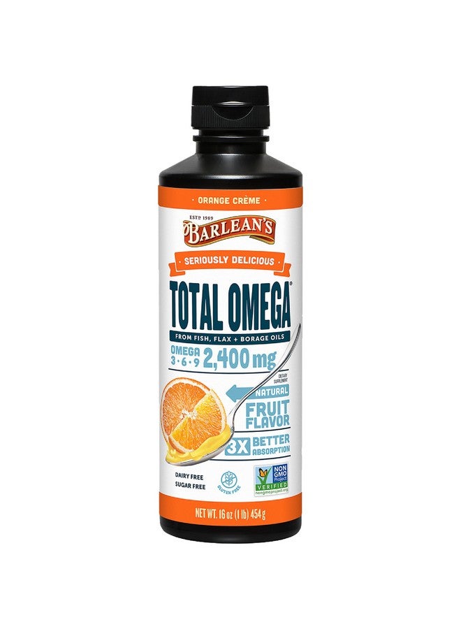 Barlean's Total Omega 3 Fish Oil Liquid Supplement, Orange Crème Flavored with Borage Oil and Flaxseed Oil, 2,400 mg of Omegas 3 6 9 EPA and DHA Plus GLA, 16 oz