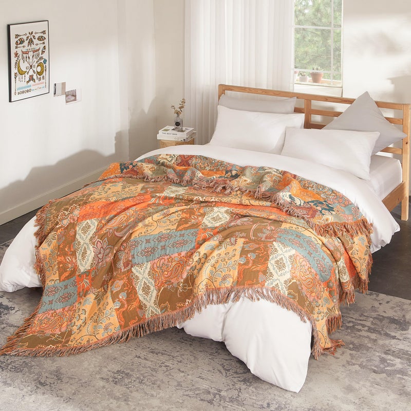 SE SOFTEXLY Boho Throw Blanket for Bed 60â€x80â€, 100% Cotton Woven Blanket for Couch Sofa, Ultra Soft 4-Layer Muslin Quilt with Patchwork Floral Printed, Farmhouse Bed Blanket/Cover for Living Room Decor - Image 3