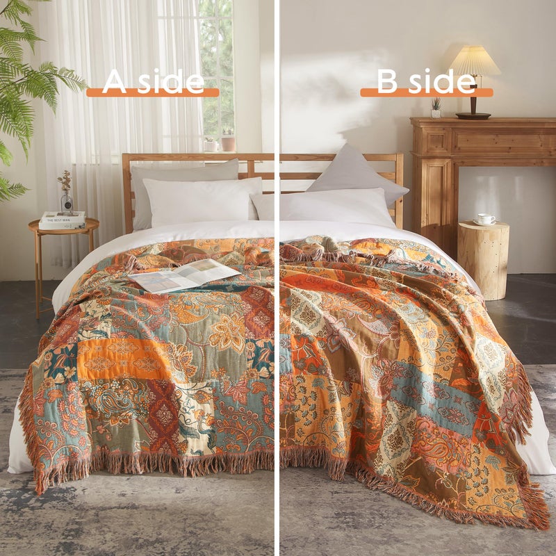 SE SOFTEXLY Boho Throw Blanket for Bed 60â€x80â€, 100% Cotton Woven Blanket for Couch Sofa, Ultra Soft 4-Layer Muslin Quilt with Patchwork Floral Printed, Farmhouse Bed Blanket/Cover for Living Room Decor - Image 2