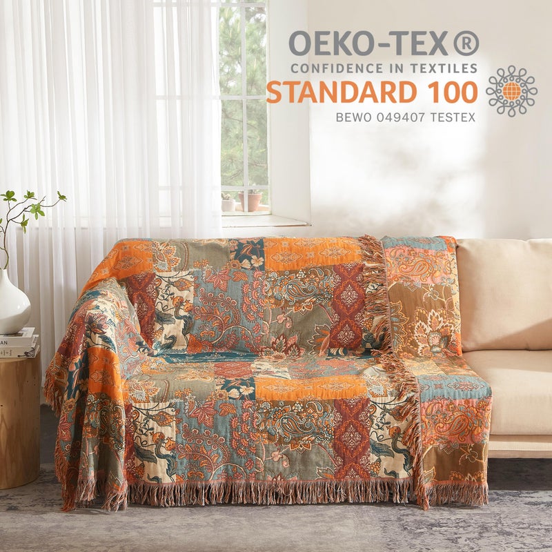 SE SOFTEXLY Boho Throw Blanket for Bed 60â€x80â€, 100% Cotton Woven Blanket for Couch Sofa, Ultra Soft 4-Layer Muslin Quilt with Patchwork Floral Printed, Farmhouse Bed Blanket/Cover for Living Room Decor - Image 4