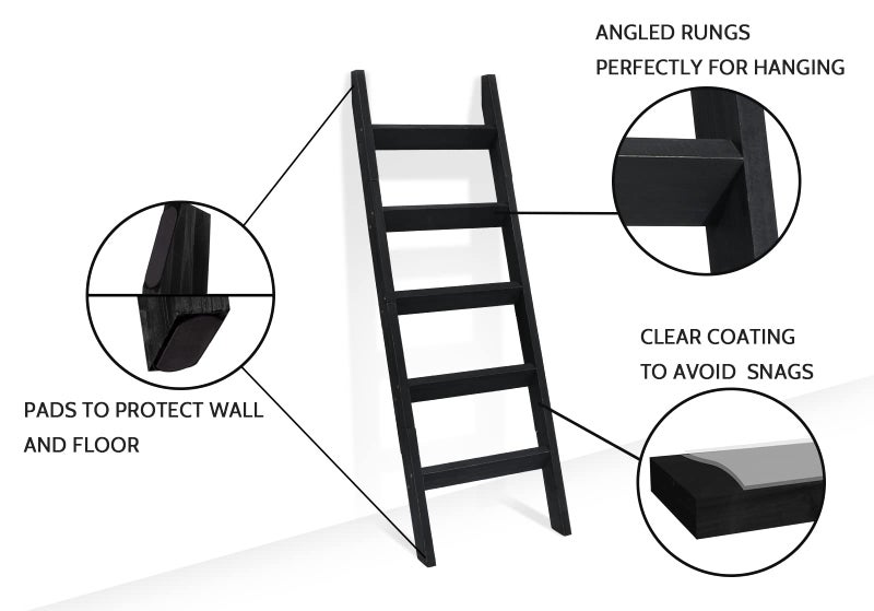 FUIN 5ft (58") Wood Blanket Ladder Living Room Decorative Wall Leaning Farmhouse Quilt Display Holder Storage Rustic Wooden Towel Rack for Bathroom, Black - Image 3