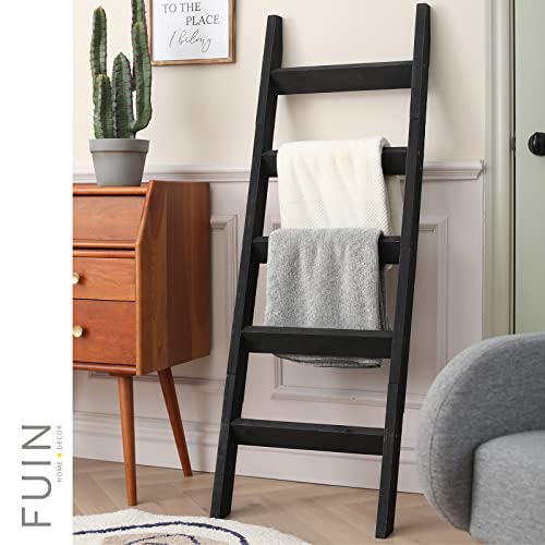 FUIN 5ft (58") Wood Blanket Ladder Living Room Decorative Wall Leaning Farmhouse Quilt Display Holder Storage Rustic Wooden Towel Rack for Bathroom, Black - Image 2