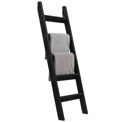 FUIN 5ft (58") Wood Blanket Ladder Living Room Decorative Wall Leaning Farmhouse Quilt Display Holder Storage Rustic Wooden Towel Rack for Bathroom, Black - Image 1