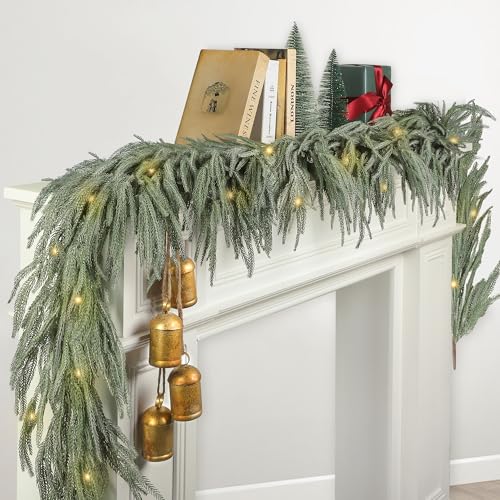 Fovths 1 Pack 6 Feet Christmas Norfolk Garlands Set Artificial Faux Greenery Garland 4 Cow Bell with Jute Hanging Rope Light String Winter Pine Garland for Xmas Indoor Holiday Decor GreenWhite - Image 1