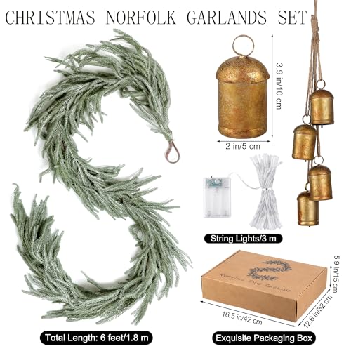 Fovths 1 Pack 6 Feet Christmas Norfolk Garlands Set Artificial Faux Greenery Garland 4 Cow Bell with Jute Hanging Rope Light String Winter Pine Garland for Xmas Indoor Holiday Decor GreenWhite - Image 3