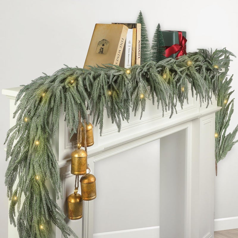 Fovths 1 Pack 6 Feet Christmas Norfolk Garlands Set Artificial Faux Greenery Garland 4 Cow Bell with Jute Hanging Rope Light String Winter Pine Garland for Xmas Indoor Holiday Decor GreenWhite - Image 2