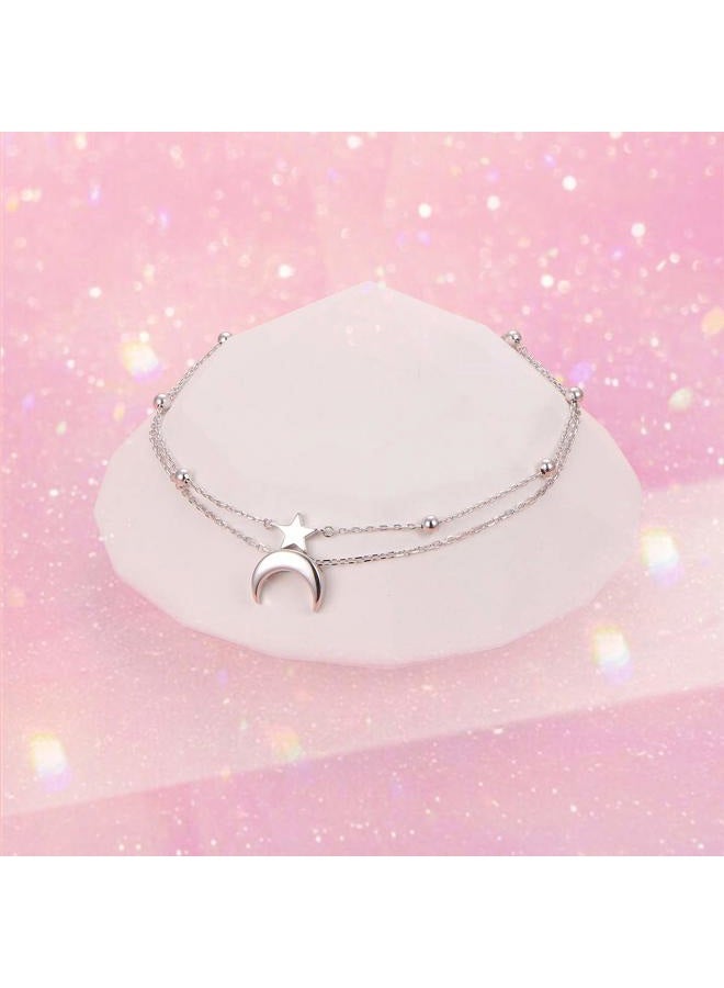 Flyow Star and Moon Sun Layered Anklet 925 Sterling Silver for Women Girls Adjustable Butterfly Beads Ankle Bracelet Crescent Boho Beach Foot Chain 9 10 Inch Charm Jewelry Mother's Day Gifts 10+1 inch - Image 2