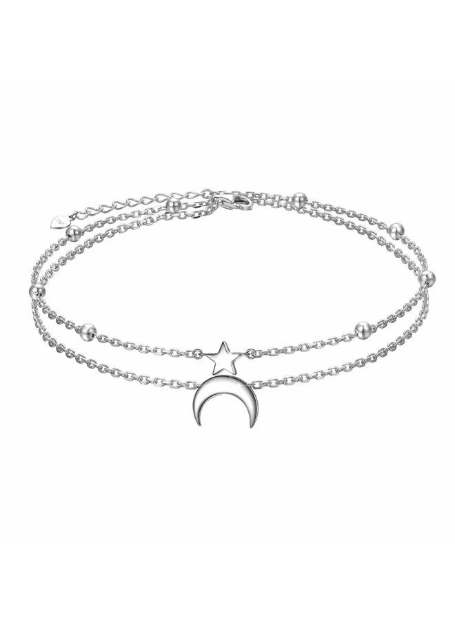 Flyow Star and Moon Sun Layered Anklet 925 Sterling Silver for Women Girls Adjustable Butterfly Beads Ankle Bracelet Crescent Boho Beach Foot Chain 9 10 Inch Charm Jewelry Mother's Day Gifts 10+1 inch - Image 1