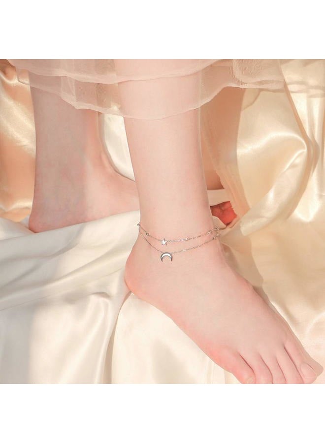 Flyow Star and Moon Sun Layered Anklet 925 Sterling Silver for Women Girls Adjustable Butterfly Beads Ankle Bracelet Crescent Boho Beach Foot Chain 9 10 Inch Charm Jewelry Mother's Day Gifts 10+1 inch - Image 4