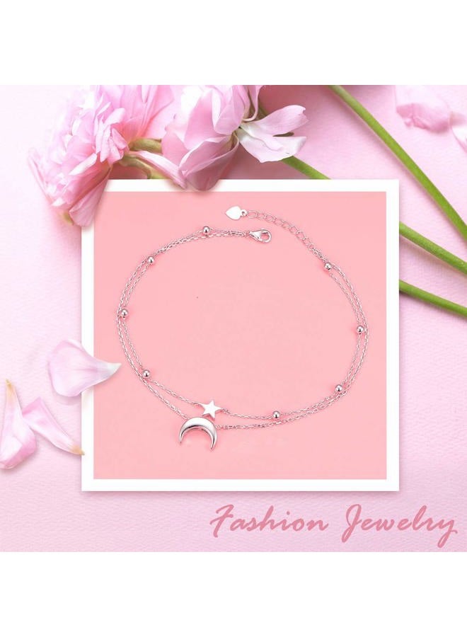 Flyow Star and Moon Sun Layered Anklet 925 Sterling Silver for Women Girls Adjustable Butterfly Beads Ankle Bracelet Crescent Boho Beach Foot Chain 9 10 Inch Charm Jewelry Mother's Day Gifts 10+1 inch - Image 5