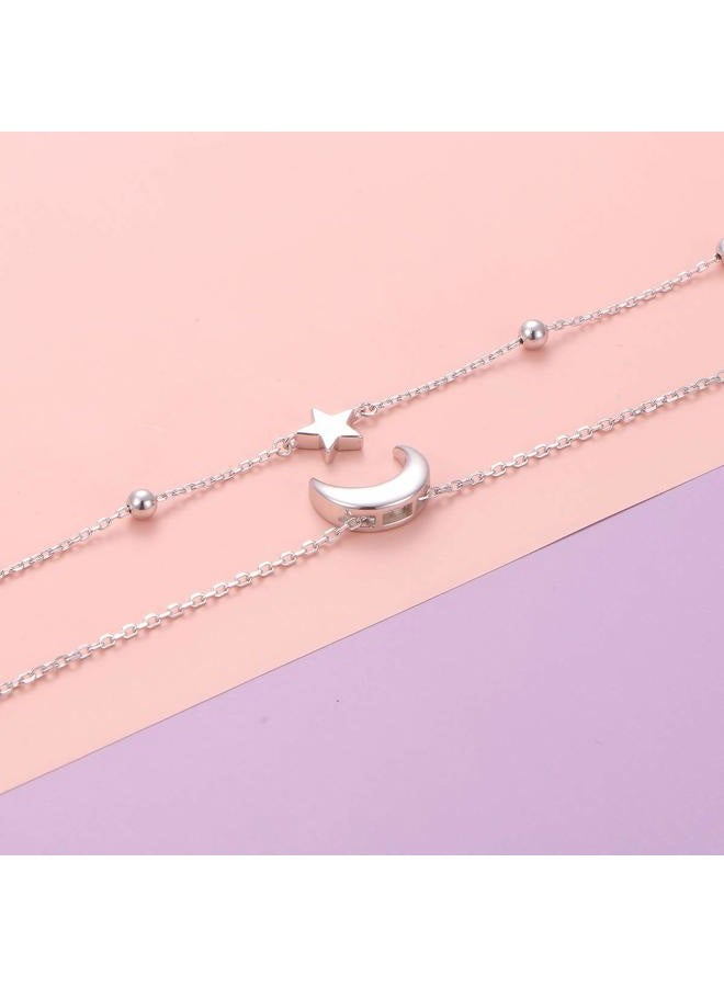 Flyow Star and Moon Sun Layered Anklet 925 Sterling Silver for Women Girls Adjustable Butterfly Beads Ankle Bracelet Crescent Boho Beach Foot Chain 9 10 Inch Charm Jewelry Mother's Day Gifts 10+1 inch - Image 3
