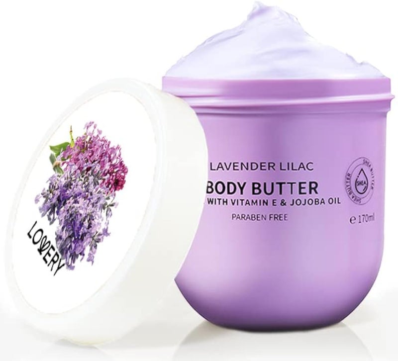 LOVERY Lavender Lilac Body Butter - Shea Cream with Jojoba Oil & Vitamin E - Hydrating Natural Moisturizer for Hands - 5.74 Fl Oz - Image 1