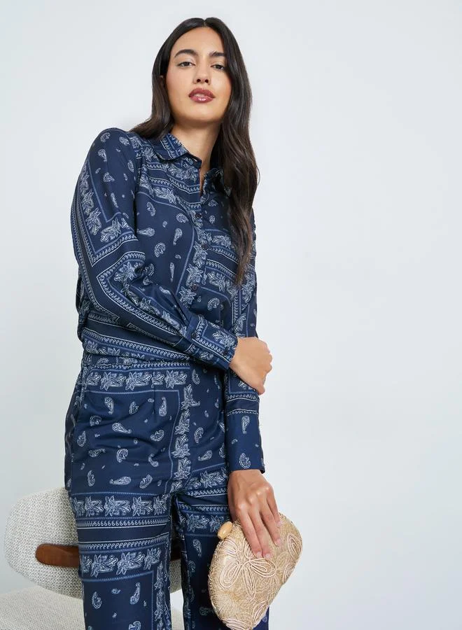 Styli Navy Blue Printed Shirt and Trousers Co-Ords
