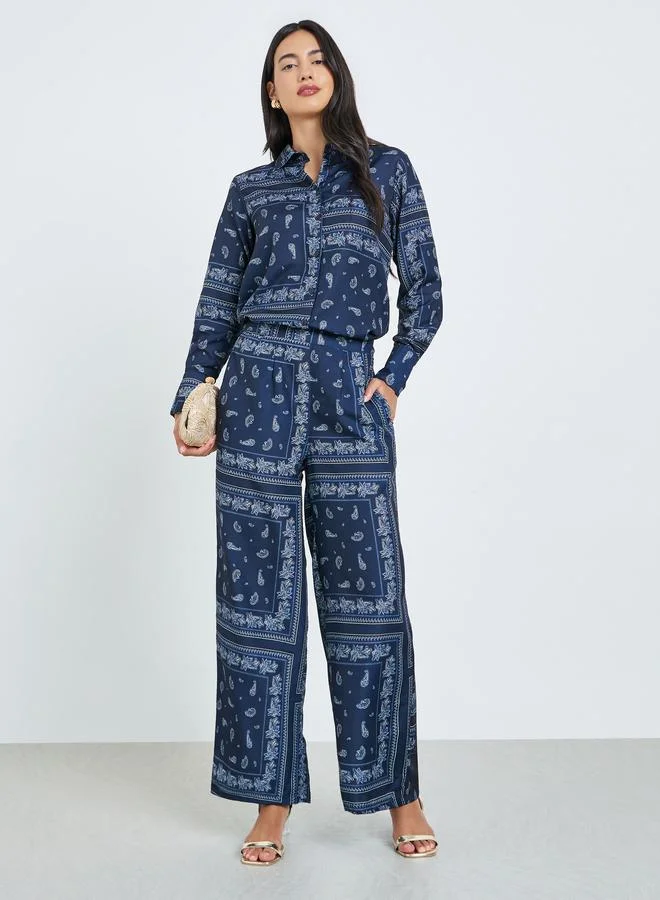 Styli Navy Blue Printed Shirt and Trousers Co-Ords