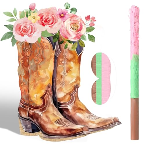 Pajean Cowgirl Boot Piata Set Cute Western Piata with Stick Blindfold Photo Prop Gift Holder for Girls Kids Bridal Shower Birthday Baby Shower Horse Racing Party Decoration Supplies - Image 1