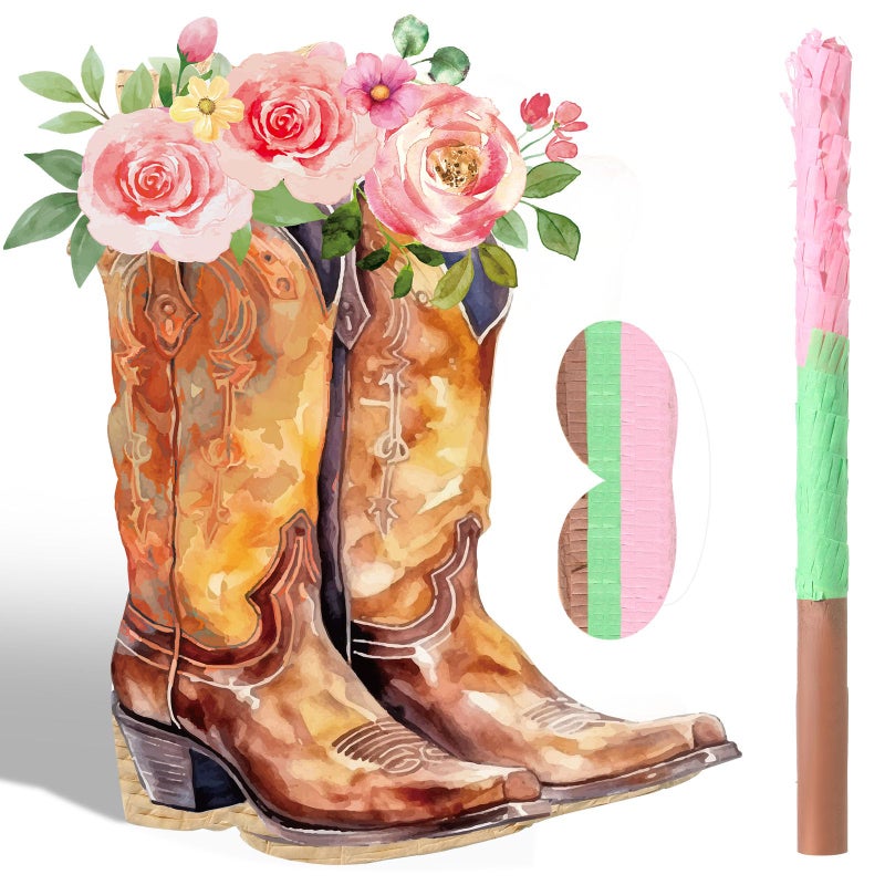 Pajean Cowgirl Boot Piata Set Cute Western Piata with Stick Blindfold Photo Prop Gift Holder for Girls Kids Bridal Shower Birthday Baby Shower Horse Racing Party Decoration Supplies - Image 3
